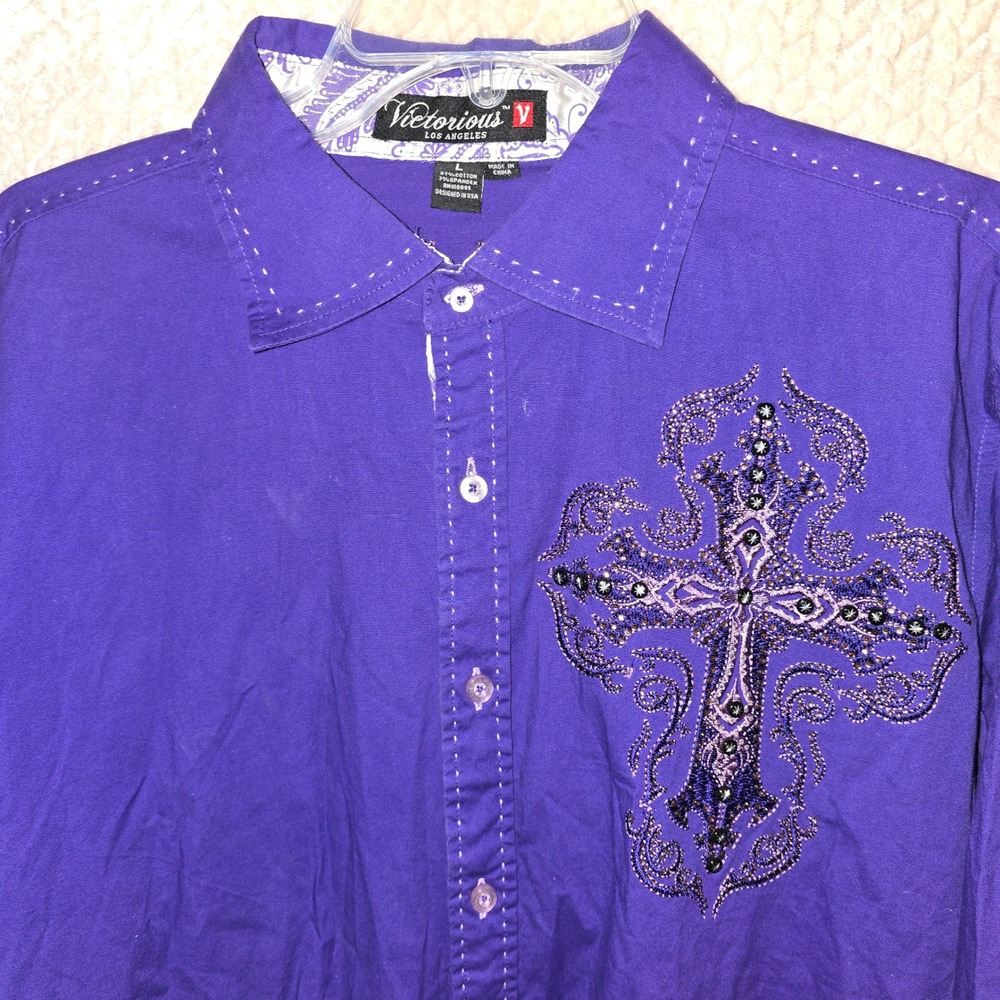 Victorious Los Angeles Purple Embellished Cross‎ Button Up Shirt Mens L Rocker